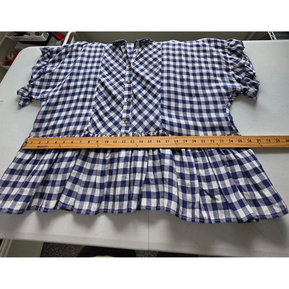 Maeve Anthropologie Navy Gingham Flounced Ruffle Shirt Linen Blend M Oversized - Picture 6 of 10